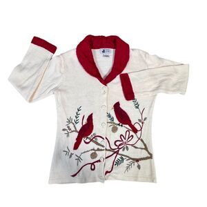 JTwo Women's Shawl Collar Knit Cardigan Sweater Size Small Cream Red Holiday
